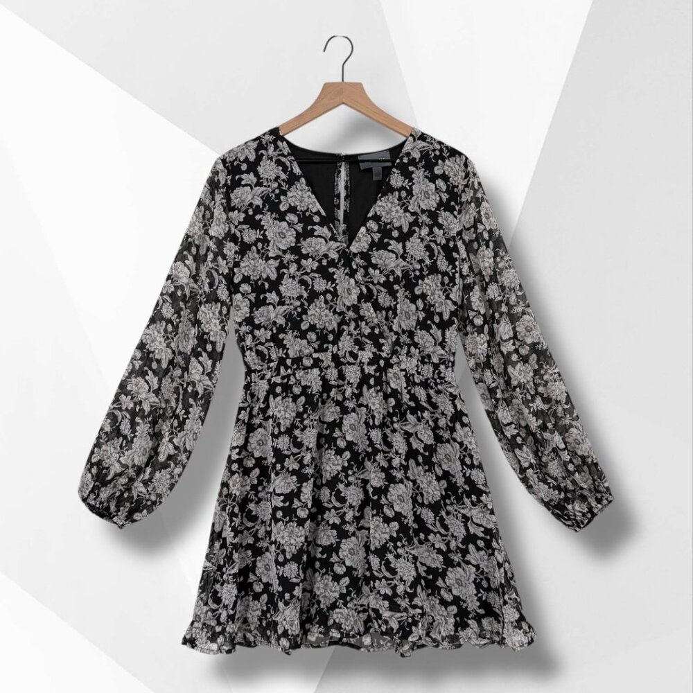 Hudson Gray Black Floral Chiffon Long Sleeve Mini Dress Size L